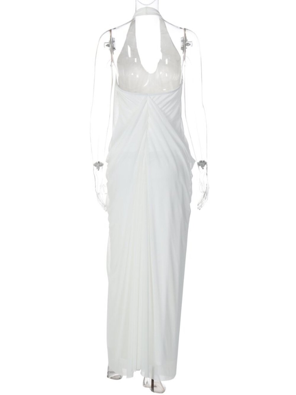 Stunning Sheer Mesh Overlay Halter Dress | Chic White Backless Sundress - Picture 4 of 8